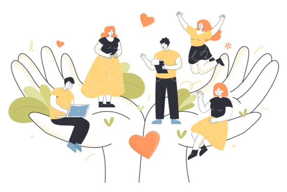 Simbolična risba dveh dlani na katerih so ljudje.